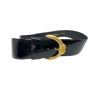 Lejon Womens Black Patent Leather Wide Belt‎ Large Gold Tone Buckle 80's Vibe M